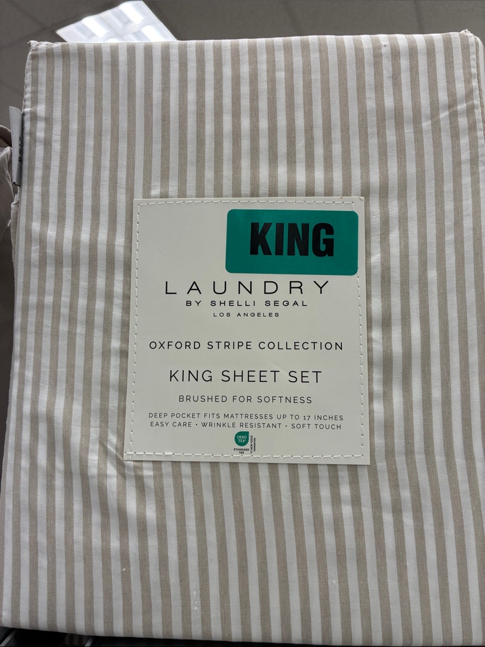 Laundry By Shelli Segal Taupe and White Stripe King Sheet Set